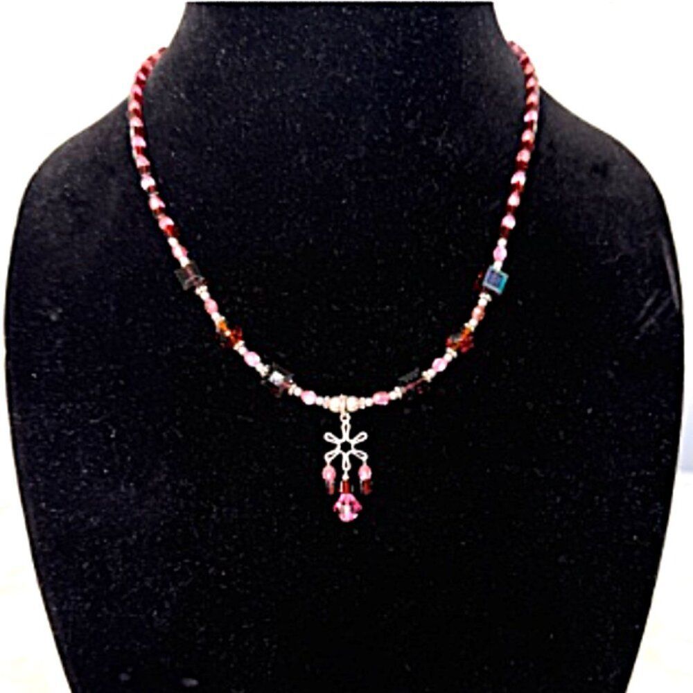 Vintage Handmade Pink and Red Beaded Pendant Necklace with Crystal Accents